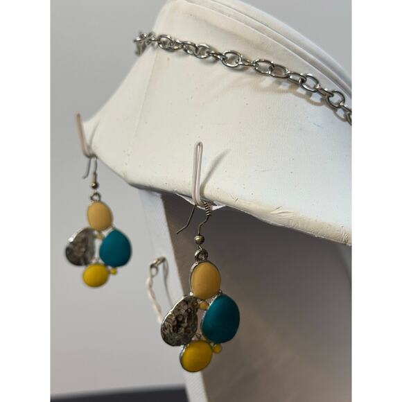 Matching Necklace Earrings Set Turquoise Yellow Stone Statement Silver Closure - Picture 6 of 9